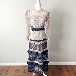 Lady Ribbon Crochet Color Block Floral Lace Midi Dress‎ Women's Size Small NEW
